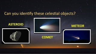 Can you identify these celestial objects?
COMET
ASTEROID METEOR
 