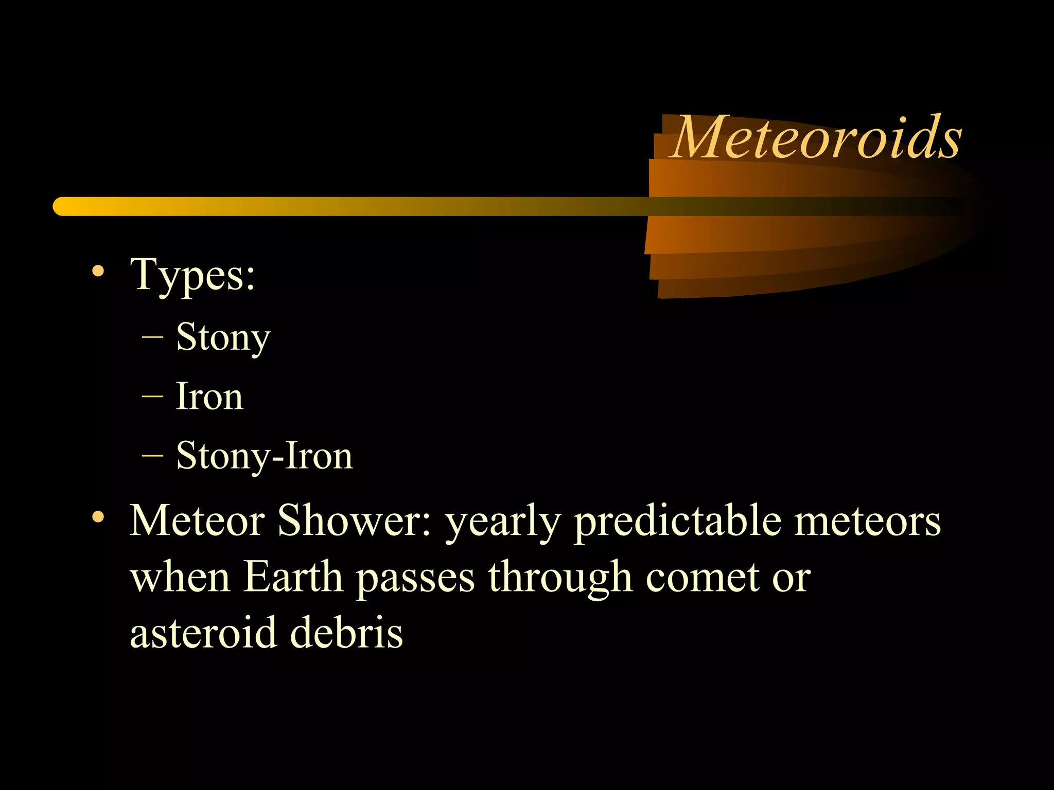 Meteoroids
• Types:
– Stony
– Iron
– Stony-Iron
• Meteor Shower: yearly predictable meteors
when Earth passes through comet or
asteroid debris
 