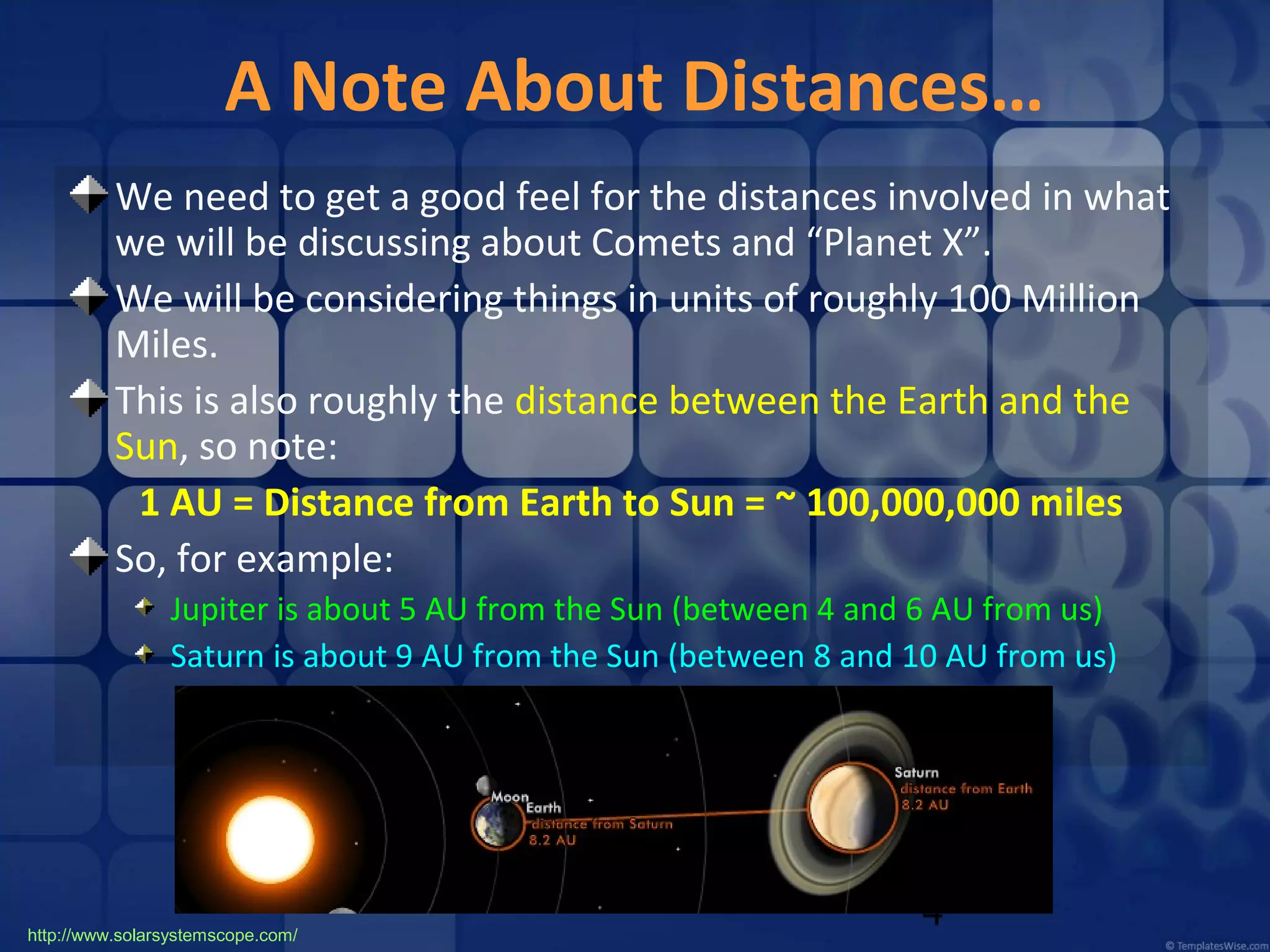 A Note About Distances…
We need to get a good feel for the distances involved in what
we will be discussing about Comets and “Planet X”.
We will be considering things in units of roughly 100 Million
Miles.
This is also roughly the distance between the Earth and the
Sun, so note:
1 AU = Distance from Earth to Sun = ~ 100,000,000 miles
So, for example:
Jupiter is about 5 AU from the Sun (between 4 and 6 AU from us)
Saturn is about 9 AU from the Sun (between 8 and 10 AU from us)

http://www.solarsystemscope.com/

4

 