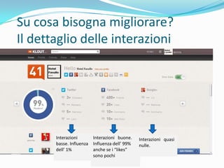 Su cosa bisogna migliorare?
Il dettaglio delle interazioni




       Interazioni      Interazioni buone.    Interazioni quasi
       basse. Influenza Influenza dell’ 99%   nulle.
       dell’ 1%         anche se i “likes”
                        sono pochi
 