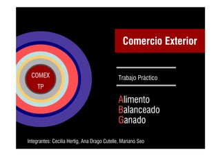 Comercio Exterior


 COMEX                                       Trabajo Práctico
    TP

                                             Alimento
                                             Balanceado
                                             Ganado

Integrantes: Cecilia Hertig, Ana Drago Cutelle, Mariano Seo