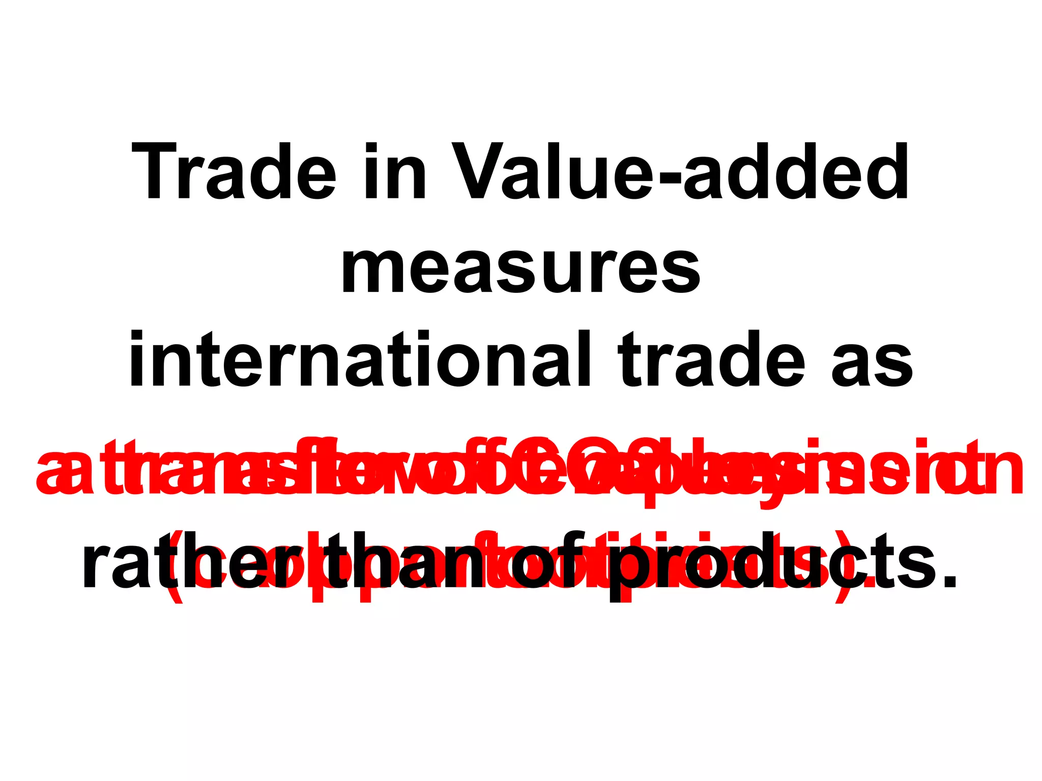 Trade in Value-added
measures
international trade as
a transfer of employment
opportunities.
a transfer of CO2 emission
(carbon footprints).
a flow of values
rather than of products.
 