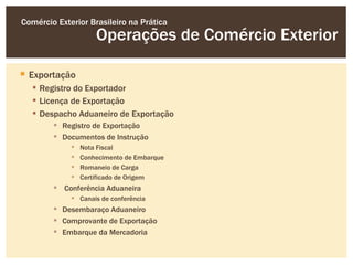 Comércio Exterior Brasileiro na Prática
                     Operações de Comércio Exterior

 Exportação
   Registro do Exportador
   Licença de Exportação
   Despacho Aduaneiro de Exportação
         Registro de Exportação
         Documentos de Instrução
                Nota Fiscal
                Conhecimento de Embarque
                Romaneio de Carga
                Certificado de Origem
         Conferência Aduaneira
              Canais de conferência
         Desembaraço Aduaneiro
         Comprovante de Exportação
         Embarque da Mercadoria
 