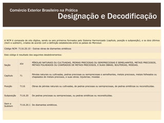 Comércio Exterior Brasileiro na Prática
                                                    Designação e Decodificação

A NCM é composta de oito dígitos, sendo os seis primeiros formados pelo Sistema Harmonizado (capítulo, posição e subposição), e os dois últimos
(item e subitem), criados de acordo com a definição estabelecida entre os países do Mercosul.

Código NCM: 7116.20.10 - Outras obras de diamantes sintéticos


Este código é resultado dos seguintes desdobramentos:


                         PÉROLAS NATURAIS OU CULTIVADAS, PEDRAS PRECIOSAS OU SEMIPRECIOSAS E SEMELHANTES, METAIS PRECIOSOS,
              XIV
Seção                    METAIS FOLHEADOS OU CHAPEADOS DE METAIS PRECIOSOS, E SUAS OBRAS; BIJUTERIAS; MOEDAS.



                         Pérolas naturais ou cultivadas, pedras preciosas ou semipreciosas e semelhantes, metais preciosos, metais folheados ou
Capítulo      71
                         chapeados de metais preciosos, e suas obras; bijuterias; moedas .



Posição       7116       Obras de pérolas naturais ou cultivadas, de pedras preciosas ou semipreciosas, de pedras sintéticas ou reconstituídas.



Subposição    7116.20    De pedras preciosas ou semipreciosas, ou pedras sintéticas ou reconstituídas.


Item e
              7116.20.10 De diamantes sintéticos.
Subitem
 