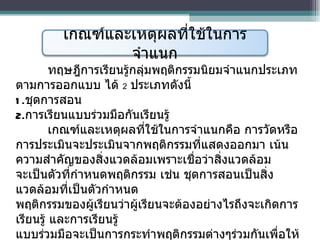ทฤษฎีการเรียนรู้ กลุ่มพฤติกรรมนิยม จำแนกประเภทตามการออกแบบ ได้   2   ประเภทดังนี้ 1. ชุดการสอน  2. การเรียนแบบร่วมมือกันเรียนรู้ เกณฑ์และเหตุผลที่ใช้ในการจำแนกคือ การวัดหรือการประเมินจะประเมินจาก พฤติกรรมที่แสดงออกมา เน้นความสำคัญของสิ่งแวดล้อมเพราะเชื่อว่าสิ่งแวดล้อม จะเป็นตัวที่กำหนดพฤติกรรม เช่น ชุดการสอนเป็นสิ่งแวดล้อมที่เป็นตัวกำหนด พฤติกรรมของผู้เรียนว่าผู้เรียนจะต้องอย่างไรถึงจะเกิดการเรียนรู้ และการเรียนรู้ แบบร่วมมือจะเป็นการกระทำพฤติกรรมต่างๆร่วมกันเพื่อให้บรรลุวัตถุประสงค์ เกณฑ์และเหตุผลที่ใช้ในการจำแนก 