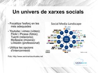 Un univers de xarxes socials - Focalitza l'esforç en les més adequades - Youtube i vimeo (vídeo); Flickr i Picasa (fotos); Tuenti (relacions); MySpace (música); Linkedin (professional) - Utilitza les opcions d'interconnexió Foto: http://www.seminariosvirtuales.net   