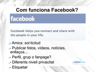 Com funciona Facebook? .- Amics: sol·licitud .- Publicar fotos, vídeos, notícies, enllaços... .- Perfil, grup o fanpage? .- Diferents nivell privacitat .- Etiquetar http://blog.posicionamientoconvideomarketing.com 