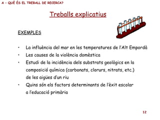 EXEMPLES La influència del mar en les temperatures de l’Alt Empordà Les causes de la violència domèstica Estudi de la incidència dels substrats geològics en la composició química (carbonats, clorurs, nitrats, etc.) de les aigües d’un riu Quins són els factors determinants de l’èxit escolar a l’educació primària Treballs explicatius A – QUÈ ÉS EL TREBALL DE RECERCA? 