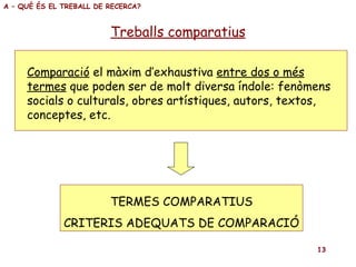 Treballs comparatius A – QUÈ ÉS EL TREBALL DE RECERCA? Comparació  el màxim d’exhaustiva  entre dos o més termes  que poden ser de molt diversa índole: fenòmens socials o culturals, obres artístiques, autors, textos, conceptes, etc. TERMES COMPARATIUS CRITERIS ADEQUATS DE COMPARACIÓ 