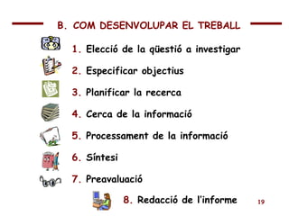 1.  Elecció de la qüestió a investigar 2.  Especificar objectius 3.  Planificar la recerca 4.  Cerca de la informació 5.  Processament de la informació 6.  Síntesi 7.  Preavaluació 8.  Redacció de l’informe B.   COM DESENVOLUPAR EL TREBALL 