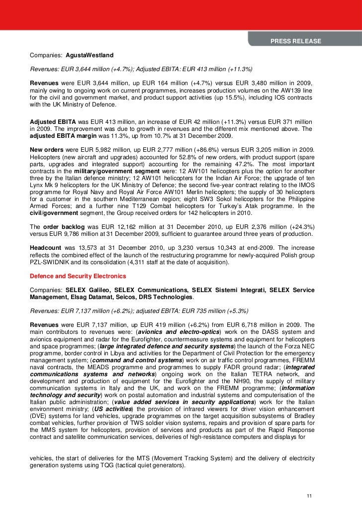 Finmeccanica Board Of Directors Approves 2010 Results