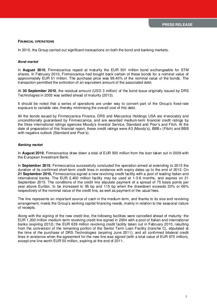 Finmeccanica Board Of Directors Approves 2010 Results