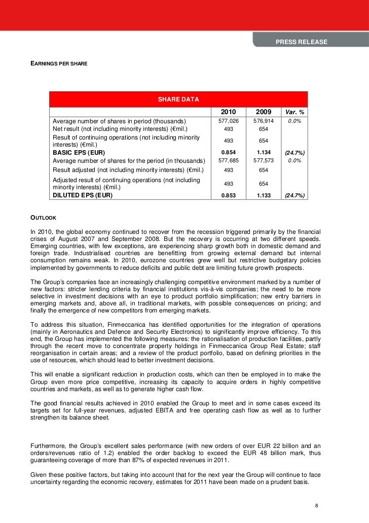 Finmeccanica Board Of Directors Approves 2010 Results