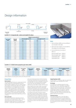 15
ComFlor®  51+
Design information
Datum Edge
Overlap
51
Depth
5
15
Dovetail Throat
7
5
°
W
e
b
A
n
g
l
e
135 Valley
R3
Internal Radius
150 Pitch
600 Cover Width
40 Crown
Coil Run Out
Underlap
ComFlor® 51+
Composite slab - volume and weight (EC values)
Weight of concrete (kN/m2
)
Slab depth
(mm)
Concrete
volume
(m3
/m2
)
Normal weight concrete Lightweight concrete
Wet Dry Wet Dry
101 0.091 2.27 2.18 1.82 1.73
110 0.100 2.50 2.40 2.00 1.90
120 0.110 2.75 2.64 2.20 2.09
130 0.120 3.00 2.88 2.40 2.28
140 0.130 3.25 3.12 2.60 2.47
150 0.140 3.50 3.36 2.80 2.66
160 0.150 3.75 3.60 3.00 2.85
170 0.160 4.00 3.84 3.20 3.04
180 0.170 4.25 4.08 3.40 3.23
190 0.180 4.50 4.32 3.60 3.42
200 0.190 4.75 4.56 3.80 3.61
250 0.240 6.00 5.76 4.80 4.56
Notes
1.	 Deck and beam deflection (ie, ponding) is 	
	 not included in the table.
2.	 Deck and mesh weight is not included in 	
	 the weight of concrete figures.
3.	 Eurocode density of concrete is
	 taken as:
	 Normal weight (wet)	 25kN/m3
	 Normal weight (dry)	 24kN/m3
	 Lightweight (wet)	 20kN/m3
	 Lightweight (dry)	 19kN/m3
Design Notes:
Deck material
Tata Steel Galvatite®, hot dip zinc coated steel to BS EN
10346 S350GD+Z275, with guaranteed minimum
proof strength of 350N/mm2
and zinc coating of total
mass 275g/m2
(including both sides). This is sufficient
for internal floors in a non-aggressive environment,
which satisfies the requirement in Clause 4.2 BS EN
1994-1-1 - the exposed surfaces of the steel decking
shall be adequately protected to resist the particular
atmospheric conditions. A zinc coating, if specified,
should conform to the requirements of BS EN 10346.
The specification may be varied, depending on service
conditions.
Anti-crack mesh
As a minimum requirement where the control of
crack width is of no interest, BS EN 1994-1-1, 9.8.1(2)
recommends that, where continuous slabs are
designed as simply-supported in accordance with BS
EN 1994-1-1, 9.4.2(5), the cross-sectional area of the
anti-crack reinforcement above the ribs should be
not less than 0.2% of the cross-sectional area of the
concrete above the ribs for unpropped construction,
and 0.4% of this cross-sectional area for propped
construction. The mesh specified in the quick
reference Eurocode tables, complies with this clause.
Where forklift truck (or other similar concentrated
loading) is expected, 0.5% minimum percentage
reinforcement should be used over the supports and
the previous stated percentages elsewhere to control
cracking. For further information refer to SCI AD 150.
In accordance with Steel Construction Institute
(SCI) P300 ‘Composite Slabs and Beams Using Steel
Decking: Best Practice for Design and Construction,
a nominal cover of 25mm is stated for an exposure
level XC1, for all concrete cylinder strengths for both
normal (C25/30 to C40/50) and lightweight concrete
(LC25/28 to LC32/35). This nominal cover of 25mm is
the minimum cover of 15mm plus a fixing tolerance
of 10mm.
Supporting beam width
For all ComFlor® 51+
load/span tables, the width of the
support beam used is assumed to be 152mm.
Fire design
The capacity of a composite slab with nominal
anti-crack mesh in fire is calculated in accordance
with Steel Construction Institute NCCI PN005 ‘Fire
resistance design of composite slab’. Two fire-design
methods can be used in the ComFlor® 9 software,
namely ‘Mesh and Deck Fire Method’ or ‘Bar Fire
Method’. For further details of the performance of
composite slabs with nominal anti-crack mesh in fire,
please contact the technical team.
Technical services
The Technical Department at Tata Steel offers a
comprehensive advisory service on the design of
composite flooring, which is available to all specifiers
and users. Should queries arise which are not covered
by this literature or by the ComFlor® 9 software, please
contact us.
Section properties in the above table conform to BS 5950 and Eurocode
ComFlor® 51+
(S350) Section properties (per metre width)
Nominal
thickness
(mm)
Design
thickness
(mm)
Cross section
area
(mm2
/m)
Profile weight
(kN/m2
)
Height to
neutral axis
(mm)
Moment of inertia
(cm4
/m)
Ultimate moment capacity
(kNm/m)
Sagging Hogging Sagging Hogging
0.90 0.86 1578 0.13 15.90 60.44 42.56 5.70 6.78
1.00 0.96 1762 0.14 16.50 67.09 50.49 6.78 8.17
1.20 1.16 2137 0.17 16.80 82.60 69.00 8.94 10.96
 