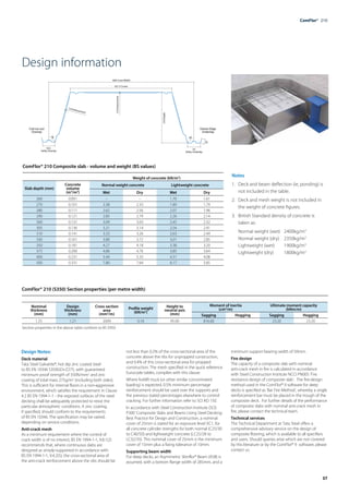 37
ComFlor®  210
Design information
Coil run out
Overlap
Datum Edge
Underlap
600 Cover Width
421.5 Crown
50.5
Valley Overlap
54
Valley Underlap
1.6 Embossment
1.6
Embossment
R4 R6
210
Depth
2
0
ComFlor® 210 Composite slab - volume and weight (BS values)
Weight of concrete (kN/m2
)
Slab depth (mm)
Concrete
volume
(m3
/m2
)
Normal weight concrete Lightweight concrete
Wet Dry Wet Dry
260 0.091 – – 1.70 1.61
270 0.101 2.38 2.33 1.89 1.79
280 0.111 2.62 2.56 2.07 1.96
290 0.121 2.85 2.79 2.26 2.14
300 0.131 3.09 3.03 2.45 2.32
305 0.136 3.21 3.14 2.54 2.41
310 0.141 3.33 3.26 2.63 2.49
330 0.161 3.80 3.72 3.01 2.85
350 0.181 4.27 4.18 3.38 3.20
375 0.206 4.86 4.76 3.85 3.64
400 0.231 5.44 5.33 4.31 4.08
500 0.331 7.80 7.64 6.17 5.85
ComFlor® 210 (S350) Section properties (per metre width)
Nominal
thickness
(mm)
Design
thickness
(mm)
Cross section
area
(mm2
/m)
Profile weight
(kN/m2
)
Height to
neutral axis
(mm)
Moment of inertia
(cm4
/m)
Ultimate moment capacity
(kNm/m)
Sagging Hogging Sagging Hogging
1.25 1.21 2009 0.16 95.00 816.00 – 23.20 23.20
Notes
1.	 Deck and beam deflection (ie, ponding) is 	
	 not included in the table.
2.	 Deck and mesh weight is not included in 	
	 the weight of concrete figures.
3.	 British Standard density of concrete is
	 taken as:
	 Normal weight (wet)	 2400kg/m3
	 Normal weight (dry)	 2350kg/m3
	 Lightweight (wet)	 1900kg/m3
	 Lightweight (dry)	 1800kg/m3
Section properties in the above table conform to BS 5950
Design Notes:
Deck material
Tata Steel Galvatite®, hot dip zinc coated steel
to BS EN 10346 S350GD+Z275, with guaranteed
minimum proof strength of 350N/mm2
and zinc
coating of total mass 275g/m2
(including both sides).
This is sufficient for internal floors in a non-aggressive
environment, which satisfies the requirement in Clause
4.2 BS EN 1994-1-1 - the exposed surfaces of the steel
decking shall be adequately protected to resist the
particular atmospheric conditions. A zinc coating,
if specified, should conform to the requirements
of BS EN 10346. The specification may be varied,
depending on service conditions.
Anti-crack mesh
As a minimum requirement where the control of
crack width is of no interest, BS EN 1994-1-1, 9.8.1(2)
recommends that, where continuous slabs are
designed as simply-supported in accordance with
BS EN 1994-1-1, 9.4.2(5), the cross-sectional area of
the anti-crack reinforcement above the ribs should be
not less than 0.2% of the cross-sectional area of the
concrete above the ribs for unpropped construction,
and 0.4% of this cross-sectional area for propped
construction. The mesh specified in the quick reference
Eurocode tables, complies with this clause.
Where forklift truck (or other similar concentrated
loading) is expected, 0.5% minimum percentage
reinforcement should be used over the supports and
the previous stated percentages elsewhere to control
cracking. For further information refer to SCI AD 150.
In accordance with Steel Construction Institute (SCI)
P300 ‘Composite Slabs and Beams Using Steel Decking:
Best Practice for Design and Construction, a nominal
cover of 25mm is stated for an exposure level XC1, for
all concrete cylinder strengths for both normal (C25/30
to C40/50) and lightweight concrete (LC25/28 to
LC32/35). This nominal cover of 25mm is the minimum
cover of 15mm plus a fixing tolerance of 10mm.
Supporting beam width
For deep decks, an Asymmetric Slimflor® Beam (ASB) is
assumed, with a bottom flange width of 285mm, and a
minimum support bearing width of 50mm.
Fire design
The capacity of a composite slab with nominal
anti-crack mesh in fire is calculated in accordance
with Steel Construction Institute NCCI PN005 ‘Fire
resistance design of composite slab’. The fire-design
method used in the ComFlor® 9 software for deep
decks is specified as ‘Bar Fire Method’, whereby a single
reinforcement bar must be placed in the trough of the
composite deck. For further details of the performance
of composite slabs with nominal anti-crack mesh in
fire, please contact the technical team.
Technical services
The Technical Department at Tata Steel offers a
comprehensive advisory service on the design of
composite flooring, which is available to all specifiers
and users. Should queries arise which are not covered
by this literature or by the ComFlor® 9 software, please
contact us.
 