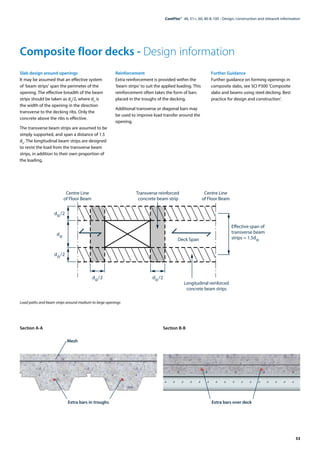 53
ComFlor®  46, 51+, 60, 80 & 100 - Design, construction and sitework information
Centre Line
of Floor Beam
Centre Line
of Floor Beam
Deck Span
Transverse reinforced
concrete beam strip
Longitudinal reinforced
concrete beam strips
Effective span of
transverse beam
strips = 1.5do
do/2
do/2
do
do/2 do/2
Composite floor decks - Design information
Slab design around openings
It may be assumed that an effective system
of ‘beam strips’ span the perimeter of the
opening. The effective breadth of the beam
strips should be taken as do
/2, where do
is
the width of the opening in the direction
transverse to the decking ribs. Only the
concrete above the ribs is effective.
The transverse beam strips are assumed to be
simply supported, and span a distance of 1.5
do
. The longitudinal beam strips are designed
to resist the load from the transverse beam
strips, in addition to their own proportion of
the loading.
Reinforcement
Extra reinforcement is provided within the
‘beam strips’ to suit the applied loading. This
reinforcement often takes the form of bars
placed in the troughs of the decking.
Additional transverse or diagonal bars may
be used to improve load transfer around the
opening.
Further Guidance
Further guidance on forming openings in
composite slabs, see SCI P300 ‘Composite
slabs and beams using steel decking. Best
practice for design and construction’.
Load paths and beam strips around medium to large openings
Section A-A Section B-B
Extra bars over deck
Extra bars in troughs
Mesh
 