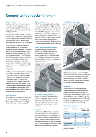 64
ComFlor®  46, 51+, 60, 80 & 100 - Design, construction and sitework information
Composite floor decks - Sitework
Shear connectors
Most commonly used shear connectors are
19mm diameter headed studs, which are
welded to the support beam through the
deck, a process carried out by specialist stud
welding contractors.
Site conditions must be suitable for welding
and bend tests carried out as appropriate. The
spacing and position of the shear connectors
is important and must be defined by the
design engineer on the deck set out drawings.
Stud Spacing: In accordance with BS EN
1994-1-1 Clause 6.6.5.6, the minimum
distance eD between the edge of a connector
and the edge of the beam flange to which
it is welded should not be less than 20mm.
In accordance with BS EN 1994-1-1 Clause
6.6.5.7, the spacing of studs in the direction
of shear force should not be less than 5
d, whereas the spacing in the direction
transverse to the shear force should not be
less than 4 d, where d is the diameter of the
stud shank.
See page 54.
Further guidance on shear studs for designers
and installers may be found in The Steel
Construction Institution publications: P300
Composite Slabs and Beams Using Steel
Decking: Best Practice for Design and
Construction, P055 Design of Composite
Slabs and Beams with Steel Decking, P359
Composite design of steel framed buildings
in accordance with Eurocodes and the UK
National Annexes, BCSA: Code of Practice for
Metal Decking and Stud Welding.
Mesh placement
With regard to mesh placement, please refer
to ‘Minimum/Maximum Anti-crack Mesh
Cover’ within the ‘Composite Floor Decks
Design information’ section on page 47.
Casting concrete
Before the concrete is poured, the decking
must be cleared of all dirt and grease, which
could adversely influence the performance of
the hardened slab. The oil left on the decking
from the roll forming process does not have
to be removed. Concrete should be poured
evenly, working in the direction of span. Care
should be taken to avoid heaping of concrete
in any area during the casting sequence.
Construction and day joints should occur over
a support beam, preferably also at a deck joint.
Ceilings and services hanger systems
The dovetail shaped re-entrant rib on
ComFlor® 51+
and the 15mm high raised
mini-dovetail re-entrant stiffener on
ComFlor® 60 and ComFlor® 80 profiles allow
for the quick and easy suspension of ceiling
and services, using either of the two following
suspension systems.
ComFlor® 60
(a) Threaded wedge nut fixings
Wedges are dovetail shaped steel blocks,
which are threaded to take metric bolts
or threaded rods. The wedge nut hanger
system is installed after the concrete of the
composite slab has been poured and is
hardened.
Installation
For installation of the system, wedge nuts
are inserted into the raised re-entrants of
the profile before being rotated 90 degrees,
after which the dovetail shaped wedge nuts
will lock into the dovetail re-entrants under
vertical loading. Finally, the bolts or threaded
rods are finger tightened up to the roof of the
re-entrants and mechanically tightened.
(b) GTD-clip hanger fixings
GTD-clip hangar fixings are cold-formed thin
steel hangers with circular openings in the soffit
to take metric bolts, threaded rods or further
pipe clamp hangers. The system is installed
after the composite slab has been poured and
the concrete is sufficiently hardened.
Installation
To install the GTD-clips, the two dovetail
shaped ends are compressed by hand and
inserted into the dovetail re-entrant of the
profile, before being rotated 90 degrees. After
releasing the two ends the clip will snap into
position and is tightly connected. Finally, bolts,
threaded rods or pipe clamps are connected
into the soffit opening of the GTD-clip.
Load bearing capacities
System	 Thread size	 Maximum static
		 working load
(Kg)
Wedge Nut	4	
Refer to
	6	
Technical Dept.
	8
GTD - Clip	6	 90
	 8	90
	 10	90
GTD - Clip and	
N/A	45
pipe clamp
A minimum safety factor of 4 has been applied to the safe
working load capacities.
 