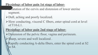 Physiology of labor pain 1st stage of labor-
Dilatation of the cervix and distension of lower uterine
segment.
Dull, aching and poorly localized.
Slow conducting, visceral C fibers, enter spinal cord at level
of T10-L1.
Physiology of labor pain 2nd stage of labor-
Distension of the pelvic floor, vagina and perineum.
Sharp, severe and well localized .
Rapidly conducting A-delta fibers, enter the spinal cord at S2
to S4.
 