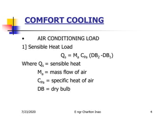 COMFORT COOLING
4
• AIR CONDITIONING LOAD
1] Sensible Heat Load
Qs = Ma CPa (DB2 -DB1)
Where Qs = sensible heat
Ma = mass flow of air
CPa = specific heat of air
DB = dry bulb
7/23/2020 E ngr Charlton Inao
 