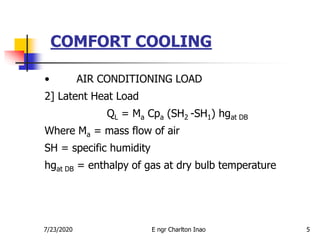 COMFORT COOLING
5
• AIR CONDITIONING LOAD
2] Latent Heat Load
QL = Ma Cpa (SH2 -SH1) hgat DB
Where Ma = mass flow of air
SH = specific humidity
hgat DB = enthalpy of gas at dry bulb temperature
7/23/2020 E ngr Charlton Inao
 