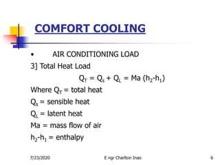 COMFORT COOLING
6
• AIR CONDITIONING LOAD
3] Total Heat Load
QT = Qs + QL = Ma (h2-h1)
Where QT = total heat
Qs = sensible heat
QL = latent heat
Ma = mass flow of air
h2-h1 = enthalpy
7/23/2020 E ngr Charlton Inao
 