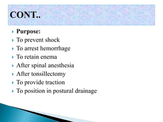  Purpose:
 To prevent shock
 To arrest hemorrhage
 To retain enema
 After spinal anesthesia
 After tonsillectomy
 To provide traction
 To position in postural drainage
 