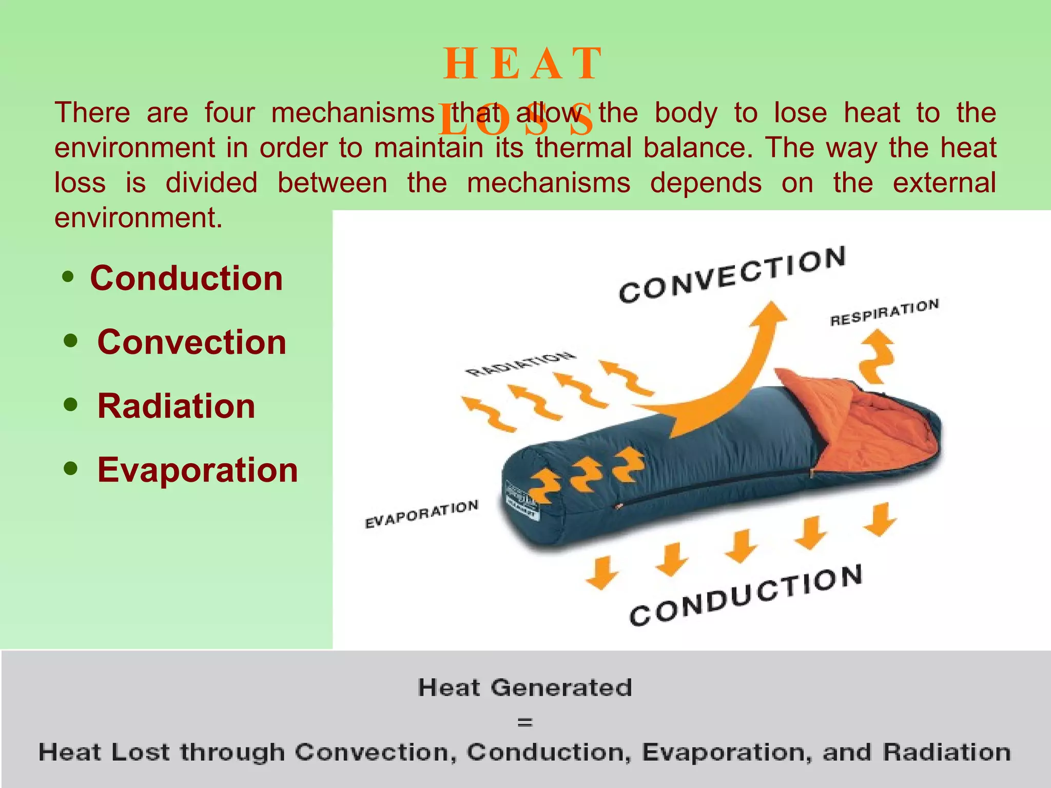 HEAT LOSS There are four mechanisms that allow the body to lose heat to the environment in order to maintain its thermal balance. The way the heat loss is divided between the mechanisms depends on the external environment. Conduction Convection Radiation Evaporation 