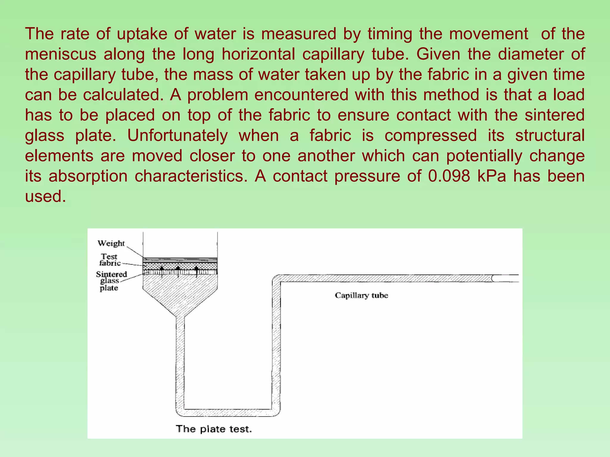 The rate of uptake of water is measured by timing the movement  of the meniscus along the long horizontal capillary tube. Given the diameter of the capillary tube, the mass of water taken up by the fabric in a given time can be calculated. A problem encountered with this method is that a load has to be placed on top of the fabric to ensure contact with the sintered glass plate. Unfortunately when a fabric is compressed its structural elements are moved closer to one another which can potentially change its absorption characteristics. A contact pressure of 0.098 kPa has been used. 