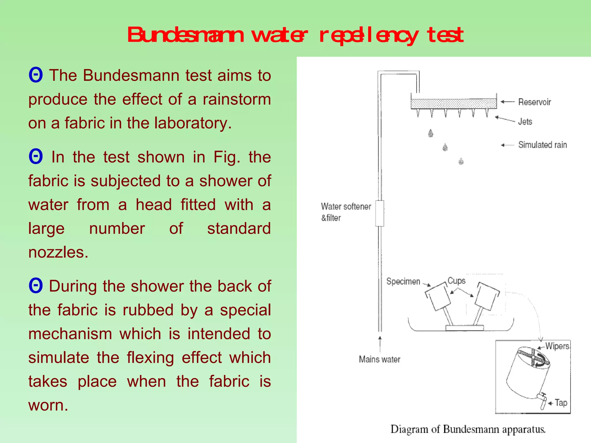 Bundesmann water repellency test The Bundesmann test aims to produce the effect of a rainstorm on a fabric in the laboratory.  In the test shown in Fig. the fabric is subjected to a shower of water from a head fitted with a large number of standard nozzles.  During the shower the back of the fabric is rubbed by a special mechanism which is intended to simulate the flexing effect which takes place when the fabric is worn. 