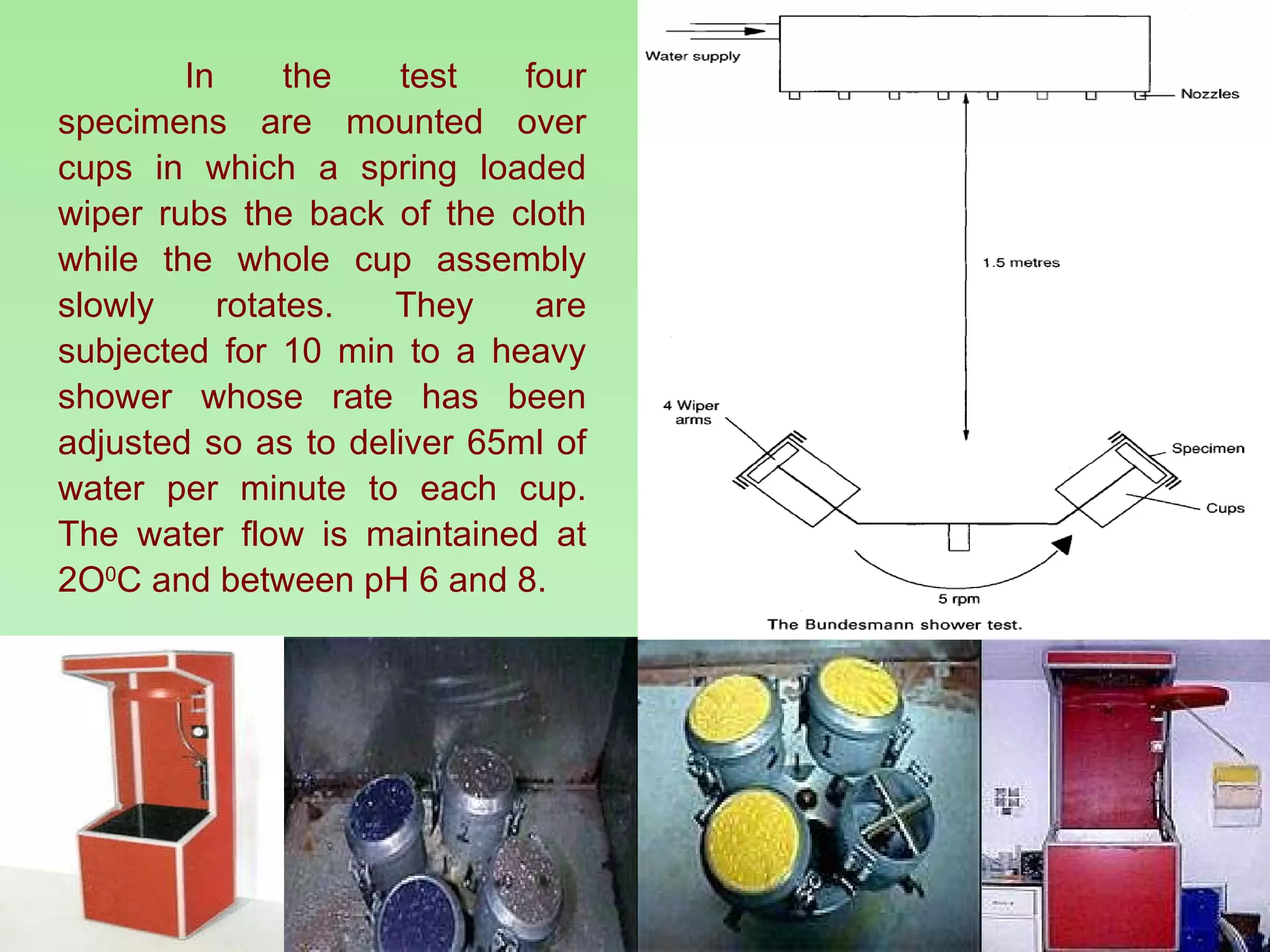 In the test four specimens are mounted over cups in which a spring loaded wiper rubs the back of the cloth while the whole cup assembly slowly rotates. They are subjected for 10 min to a heavy shower whose rate has been adjusted so as to deliver 65ml of water per minute to each cup. The water flow is maintained at 2O 0 C and between pH 6 and 8. 