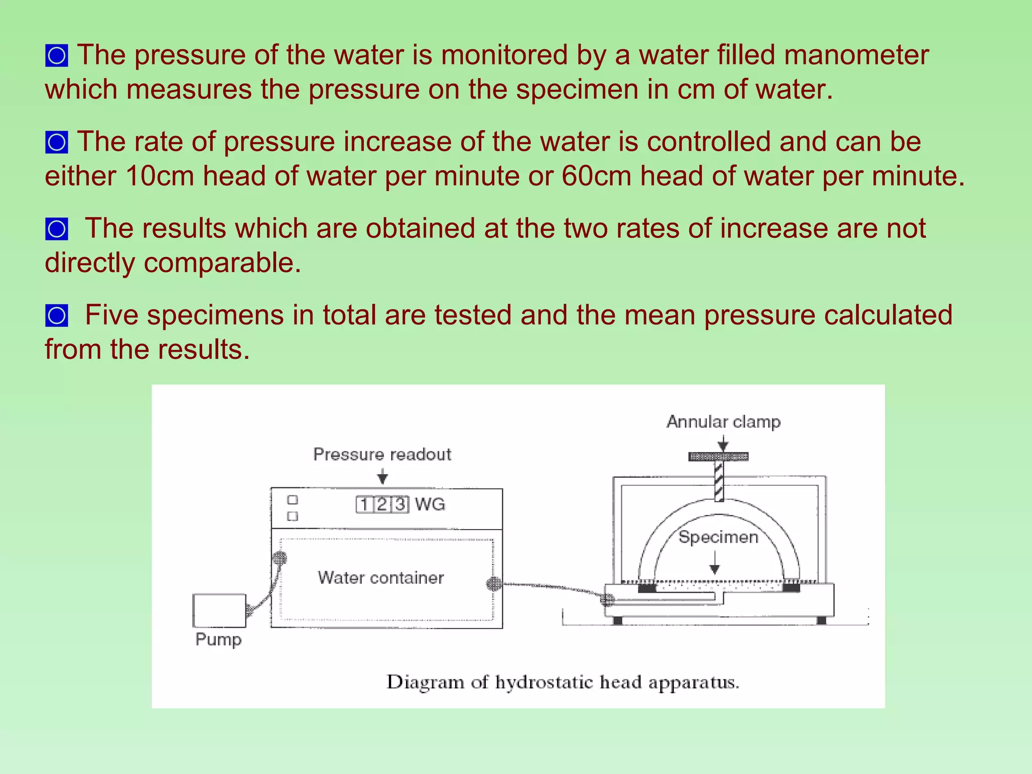 The pressure of the water is monitored by a water filled manometer which measures the pressure on the specimen in cm of water.  The rate of pressure increase of the water is controlled and can be either 10cm head of water per minute or 60cm head of water per minute. The results which are obtained at the two rates of increase are not directly comparable.  Five specimens in total are tested and the mean pressure calculated from the results. 