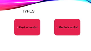 TYPES
1. Physical comfort 2. Mental comfort
 