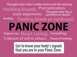 earning Zon
              L




                                  e
                 Comfort
                  Zone                Oh noze!



But if you stay too long in the
Learning Zone without returning
to your Comfort Zone, you will
end up in the Panic Zone.
 