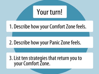 earning Zon
      L




                          e
         Comfort
          Zone

If you find yourself in your Panic
Zone, get back into your Comfort
Zone as soon as you can.
 