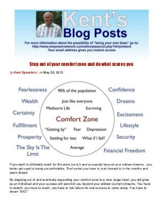 Step out of your comfort zone and do what scares you
by Kent Spoerlein | on May 20, 2013
If you want to ultimately reach for the stars, be rich and successful beyond your wildest dreams…you
better get used to being uncomfortable. That’s what you have to look forward to in the months and
years ahead.
By stepping out of and eventually expanding your comfort zone to a new, larger level, you will grow
as an individual and your success will astonish you beyond your wildest (current) dreams. You have
to stretch, you have to reach, you have to risk failure for real success to come along. You have to
dream “BIG!”
 