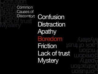 Confusion
Distraction
Apathy
Boredom
Friction
Lack of trust
Mystery
onfusion
istraction
pathy
oredom
riction
ackoftrust
ystery
Confusion
Distraction
Apathy
Boredom
Friction
Lack of trust
Mystery
Common
Causes of
Discomfort
 