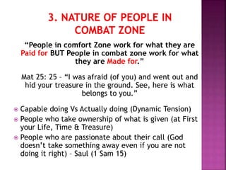 “People in comfort Zone work for what they are
Paid for BUT People in combat zone work for what
they are Made for.”
Mat 25: 25 – “I was afraid (of you) and went out and
hid your treasure in the ground. See, here is what
belongs to you.”
 Capable doing Vs Actually doing (Dynamic Tension)
 People who take ownership of what is given (at First
your Life, Time & Treasure)
 People who are passionate about their call (God
doesn’t take something away even if you are not
doing it right) – Saul (1 Sam 15)
 