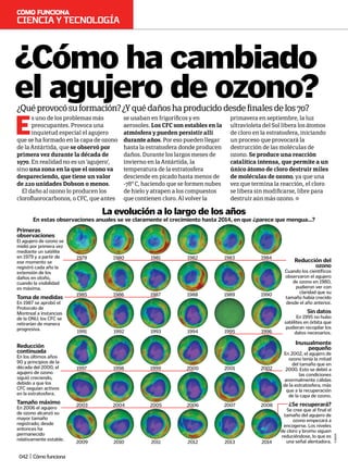 E
s uno de los problemas más
preocupantes. Provoca una
inquietud especial el agujero
que se ha formado en la capa de ozono
de la Antártida, que se observó por
primera vez durante la década de
1970. En realidad no es un ‘agujero’,
sino una zona en la que el ozono va
despareciendo, que tiene un valor
de 220 unidades Dobson o menos.
El daño al ozono lo producen los
clorofluorocarbonos, o CFC, que antes
¿Quéprovocósuformación?¿Yquédañoshaproducidodesdefinalesdelos70?
¿Cómo ha cambiado
el agujero de ozono?
En estas observaciones anuales se ve claramente el crecimiento hasta 2014, en que ¿parece que mengua...?
La evolución a lo largo de los años
©
NASA
se usaban en frigoríficos y en
aerosoles. Los CFC son estables en la
atmósfera y pueden persistir allí
durante años. Por eso pueden llegar
hasta la estratosfera donde producen
daños. Durante los largos meses de
invierno en la Antártida, la
temperatura de la estratosfera
desciende en picado hasta menos de
-78º C, haciendo que se formen nubes
de hielo y atrapen a los compuestos
que contienen cloro. Al volver la
primavera en septiembre, la luz
ultravioleta del Sol libera los átomos
de cloro en la estratosfera, iniciando
un proceso que provocará la
destrucción de las moléculas de
ozono. Se produce una reacción
catalítica intensa, que permite a un
único átomo de cloro destruir miles
de moléculas de ozono, ya que una
vez que termina la reacción, el cloro
se libera sin modificarse, libre para
destruir aún más ozono.
Primeras
observaciones
El agujero de ozono se
midió por primera vez
mediante un satélite
en 1979 y a partir de
ese momento se
registró cada año la
extensión de los
daños en otoño,
cuando la visibilidad
es máxima.
Reducción del
ozono
Cuando los científicos
observaron el agujero
de ozono en 1980,
pudieron ver con
claridad que su
tamaño había crecido
desde el año anterior.
Toma de medidas
En 1987 se aprobó el
Protocolo de
Montreal a instancias
de la ONU; los CFC se
retirarían de manera
progresiva.
Sin datos
En 1995 no hubo
satélites en órbita que
pudieran recopilar los
datos necesarios.
Reducción
continuada
En los últimos años
90 y principios de la
década del 2000, el
agujero de ozono
siguió creciendo,
debido a que los
CFC seguían activos
en la estratosfera.
Tamaño máximo
En 2006 el agujero
de ozono alcanzó su
mayor tamaño
registrado; desde
entonces ha
permanecido
relativamente estable.
¿Se recuperará?
Se cree que al final el
tamaño del agujero de
ozono empezará a
encogerse. Los niveles
de cloro y bromo siguen
reduciéndose, lo que es
una señal alentadora.
Inusualmente
pequeño
En 2002, el agujero de
ozono tenía la mitad
del tamaño que en
2000. Esto se debió a
las condiciones
anormalmente cálidas
de la estratosfera, más
que a la recuperación
de la capa de ozono.
1979 1984
1980 1981 1982 1983
1985 1990
1986 1987 1988 1989
1991 1996
1992 1993 1994 1995
1997 2002
1998 1999 2000 2001
2003 2008
2004 2005 2006 2007
2009 2014
2010 2011 2012 2013
Cienciaytecnología
042 | Cómofunciona
 