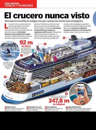 L
os barcos de cruceros cada vez
son más grandes. La línea de
cruceros Royal Caribbean
International es la más destacada a la
hora de construir los hoteles
flotantes más grandes del mundo;
sus barcos Allure of the Seas y Oasis of
the Seas ocupan los dos primeros
puestos. También se esfuerzan por
hacer navíos más inteligentes y los
más recientes incorporan tecnología
vanguardista que mejora la
experiencia del crucero. El Quantum
of the Seas y su barco gemelo, el
Anthem of the Seas, puede que ‘solo’
sean los terceros más grandes del
mundo, pero los gadgets y aparatos
que llevan a bordo les diferencian del
resto. Con camareros robóticos,
balcones virtuales y arte interactivo
a bordo, estos cruceros son un lujo.
Descubrelaincreíbletecnologíaconquecuentanlosnavíosmásinteligentes
El crucero nunca visto
2Simulador de surf
Podemos poner a prueba
nuestras habilidades
surfistas con el simulador
FlowRider. Esta potente
máquina bombea 272.800
litros de agua por minuto a
una velocidad de entre 48 y
64 km/h, creando una ola
suave sobre la que se puede
hacer surf o bodyboard.
3Paracaidismo
Con el primer simulador de
paracaidismo en el mar
podemos experimentar caída
libre sin tener que saltar desde
un avión. El túnel de viento
vertical de 7 m de altura tiene
un ventilador capaz de generar
vientos de entre 209 y 282
km/h, que crean un colchón de
aire sobre el que se puede flotar.
1Roboscreens
Al gran local de la parte trasera
del barco se le llama Two70°,
porque sus paredes de cristal
ofrecen vistas panorámicas de
270 grados. Por la noche el
espacio se transforma cuando 18
proyectores emiten escenas en
resolución 12K sobre las ventanas.
Seis ’Roboscreens’ de 2,5 metros
también se pueden controlar.
4App planificadora
Al subir a bordo, la app gratuita Royal iQ
permite hacer el seguimiento del equipaje
para saber cuándo se ha entregado en el
camarote. Funciona rastreando la etiqueta
de RFID (identificación mediante
radiofrecuencia) de las maletas, que usa
campos electromagnéticos para transmitir
datos sobre la ubicación del equipaje. La
app también ofrece información sobre las
actividades dentro y fuera del barco.
1
3
4
Aprende a hacer
surf o bodyboard
en la cubierta
superior del
barco
La cápsula North
Star nos sitúa a la
altura de los ojos
de la Estatua de la
Libertad
Este barco es tan largo como
cinco aviones Boeing 747
92 m
de altura
347,8 m
de longitud
Cienciaytecnología
044 | Cómofunciona
5
2
 
