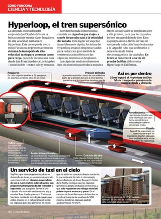 La idea más innovadora del
emprendedor Elon Musk hasta la
fecha consiste en una súper lanzadera
de alta velocidad llamada el
Hyperloop. Este concepto de metro
estilo Futurama se presenta como un
sistema de transporte de alta
velocidad tanto para personas como
para carga, capaz de ir como una bala
desde San Francisco hasta Los Ángeles
– unos 600 km – en tan solo 35 minutos.
Este diseño nada convencional
consiste en cápsulas que viajan a
través de un tubo casi a la velocidad
del sonido. Para lograr un viaje tan
increíblemente rápido, los tubos del
Hyperloop estarán despresurizados
para reducir en gran medida la
resistencia atmosférica en las
cápsulas mientras se desplazan.
Las cápsulas tendrán elementos
fijos de aluminio parecidos a esquís a
través de los cuales se bombeará aire
a alta presión, para que las cápsulas
leviten en un colchón de aire. Esos
esquís pasarán a través de vías de
motores de inducción lineal colocados
a lo largo del tubo que acelerarán o
decelerarán de forma
electromagnética las cápsulas. En
breve se construirá una vía de
prueba de 8 km del sistema
Hyperloop en California.
Hyperloop, el tren supersónico
Cómo logrará el Hyperloop de Elon
Musk transportar pasajeros de
manera rápida y eficiente
Así es por dentro
Tubos
Los tubos del
Hyperloop estarán
suspendidos en el
aire mediante
pilares, que incluirán
amortiguadores que
les ayuden a resistir
terremotos.
Aceleradores lineales
La propulsión del Hyperloop se obtendrá
de motores eléctricos lineales que
producen fuerzas electromagnéticas
que empujan las cápsulas por el tubo.
Colchón de aire
Cada cápsula flotará sobre un
colchón de aire, que reduce
notablemente la fricción.
Diseño
SpaceX ha organizado un
concurso para que los
ingenieros diseñen cápsulas
para probarlas en la vía de
pruebas del Hyperloop.
Presión del tubo
La presión reducida – cerca de una milésima
parte de la presión del aire al nivel del mar –
garantiza que la cápsula se desplace con la
mínima resistencia del aire.
Aerodinámica
Las cápsulas tendrán que
estar diseñadas con una
forma aerodinámica
adecuada para abrirse
camino por el aire.
SkyTran, que tiene un proyecto piloto en
desarrollo en Israel, es un sistema parecido
a un monorraíl con cápsulassuspendidas
deseisanuevemetrossobreelsueloyque
proporcionatransportedealtavelocidady
bajocoste. Los pasajeros llaman a una
cápsula a la estación mediante una app y
esta les lleva donde quieren ir. El sistema
funciona mediante tecnología maglev que
utiliza imanes en el raíl para hacer levitar
las cápsulas para dos personas de modo
que no están en contacto directo con la vía,
lo que reduce la fricción. La tecnología,
desarrollada por el Ames Research Center
de la NASA, consigue que las cápsulas
generen su propia levitación al moverse, y
que solo requieran una ráfaga inicial de
potencia para arrancar y parar. En el
campus de Israel Autospace Industries se
construirá una vía de pruebas de 500
metros, donde las cápsulas podrán
alcanzar hasta 70 km/h.
Un servicio de taxi en el cielo
El proyecto piloto de SkyTran será un
ejemplo de una red de transporte de
alta velocidad y bajo coste
Cienciaytecnología
054 | Cómofunciona
Pasajeros
En cada cápsula podrían ir 28 pasajeros,
en asientos similares a los de un avión.
 