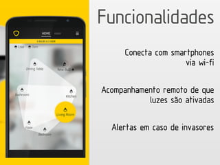 Funcionalidades
Conecta com smartphones
via wi-fi
Alertas em caso de invasores
Acompanhamento remoto de que
luzes são ativadas
 