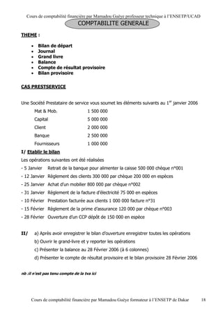 Cours de comptabilité financière par Mamadou Guèye professeur technique à l’ENSETP/UCAD
                                 COMPTABILITE GENERALE
THEME :

          Bilan de départ
          Journal
          Grand livre
          Balance
          Compte de résultat provisoire
          Bilan provisoire


CAS PRESTSERVICE


Une Société Prestataire de service vous soumet les éléments suivants au 1 er janvier 2006
          Mat & Mob.                  1 500 000
          Capital                     5 000 000
          Client                      2 000 000
          Banque                      2 500 000
          Fournisseurs                1 000 000
I/ Etablir le bilan
Les opérations suivantes ont été réalisées
- 5 Janvier        Retrait de la banque pour alimenter la caisse 500 000 chèque n°001
- 12 Janvier Règlement des clients 300 000 par chèque 200 000 en espèces
- 25 Janvier Achat d’un mobilier 800 000 par chèque n°002
- 31 Janvier Règlement de la facture d’électricité 75 000 en espèces
- 10 Février Prestation facturée aux clients 1 000 000 facture n°31
- 15 Février Règlement de la prime d’assurance 120 000 par chèque n°003
- 28 Février Ouverture d’un CCP dépôt de 150 000 en espèce


II/       a) Après avoir enregistrer le bilan d’ouverture enregistrer toutes les opérations
          b) Ouvrir le grand-livre et y reporter les opérations
          c) Présenter la balance au 28 Février 2006 (à 6 colonnes)
          d) Présenter le compte de résultat provisoire et le bilan provisoire 28 Février 2006


nb :il n’est pas tenu compte de la tva ici




      Cours de comptabilité financière par Mamadou Guèye formateur à l’ENSETP de Dakar           18
 