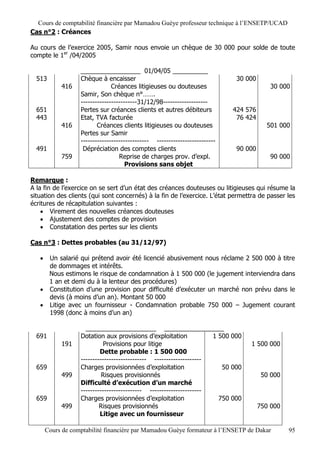 Cours de comptabilité financière par Mamadou Guèye professeur technique à l’ENSETP/UCAD
Cas n°2 : Créances

Au cours de l’exercice 2005, Samir nous envoie un chèque de 30 000 pour solde de toute
compte le 1er /04/2005

                   _________________ 01/04/05 __________
  513              Chèque à encaisser                                         30 000
            416                 Créances litigieuses ou douteuses                         30 000
                   Samir, Son chèque n°…….
                   ------------------------31/12/98-------------------
  651              Pertes sur créances clients et autres débiteurs           424 576
  443              Etat, TVA facturée                                         76 424
            416           Créances clients litigieuses ou douteuses                      501 000
                   Pertes sur Samir
                   ----------------------------- -------------------------
  491               Dépréciation des comptes clients                          90 000
            759                    Reprise de charges prov. d’expl.                       90 000
                                      Provisions sans objet

Remarque :
A la fin de l’exercice on se sert d’un état des créances douteuses ou litigieuses qui résume la
situation des clients (qui sont concernés) à la fin de l’exercice. L’état permettra de passer les
écritures de récapitulation suivantes :
     Virement des nouvelles créances douteuses
     Ajustement des comptes de provision
     Constatation des pertes sur les clients

Cas n°3 : Dettes probables (au 31/12/97)

    Un salarié qui prétend avoir été licencié abusivement nous réclame 2 500 000 à titre
     de dommages et intérêts.
     Nous estimons le risque de condamnation à 1 500 000 (le jugement interviendra dans
     1 an et demi du à la lenteur des procédures)
    Constitution d’une provision pour difficulté d’exécuter un marché non prévu dans le
     devis (à moins d’un an). Montant 50 000
    Litige avec un fournisseur - Condamnation probable 750 000 – Jugement courant
     1998 (donc à moins d’un an)

                     ____________________ _________________
  691              Dotation aux provisions d’exploitation            1 500 000
            191              Provisions pour litige                               1 500 000
                           Dette probable : 1 500 000
                   ---------------------------- --------------------
  659              Charges provisionnées d’exploitation                 50 000
            499             Risques provisionnés                                        50 000
                   Difficulté d’exécution d’un marché
                   -------------------------- ----------------------
  659              Charges provisionnées d’exploitation                750 000
            499            Risques provisionnés                                        750 000
                           Litige avec un fournisseur

       Cours de comptabilité financière par Mamadou Guèye formateur à l’ENSETP de Dakar          95
 