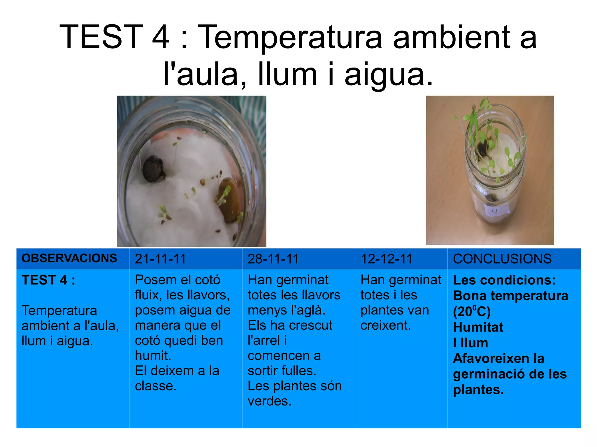 TEST 3 : Temperatura ambient a l'aula, llum i  aigua OBSERVACIONS 21-11-11 28-11-11 12-12-11 CONCLUSIONS TEST-3: Temperatura ambient a l'aula, llum i  aigua Posem el cotó fluix  les llavors damunt. Ho deixem sec. No han germinat. Les llavors estan com el primer dia No han germinat.  Les llavors estan com el primer dia. Sense aigua les llavors no germinen. 