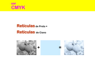 Retículas de Preto +
Retículas de Ciano
+ =
CMYK
cor
 