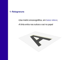 -Usa matriz encavográfica, em baixo relevo;
-A tinta entra nos sulcos e sai no papel
1- Rotogravura
 