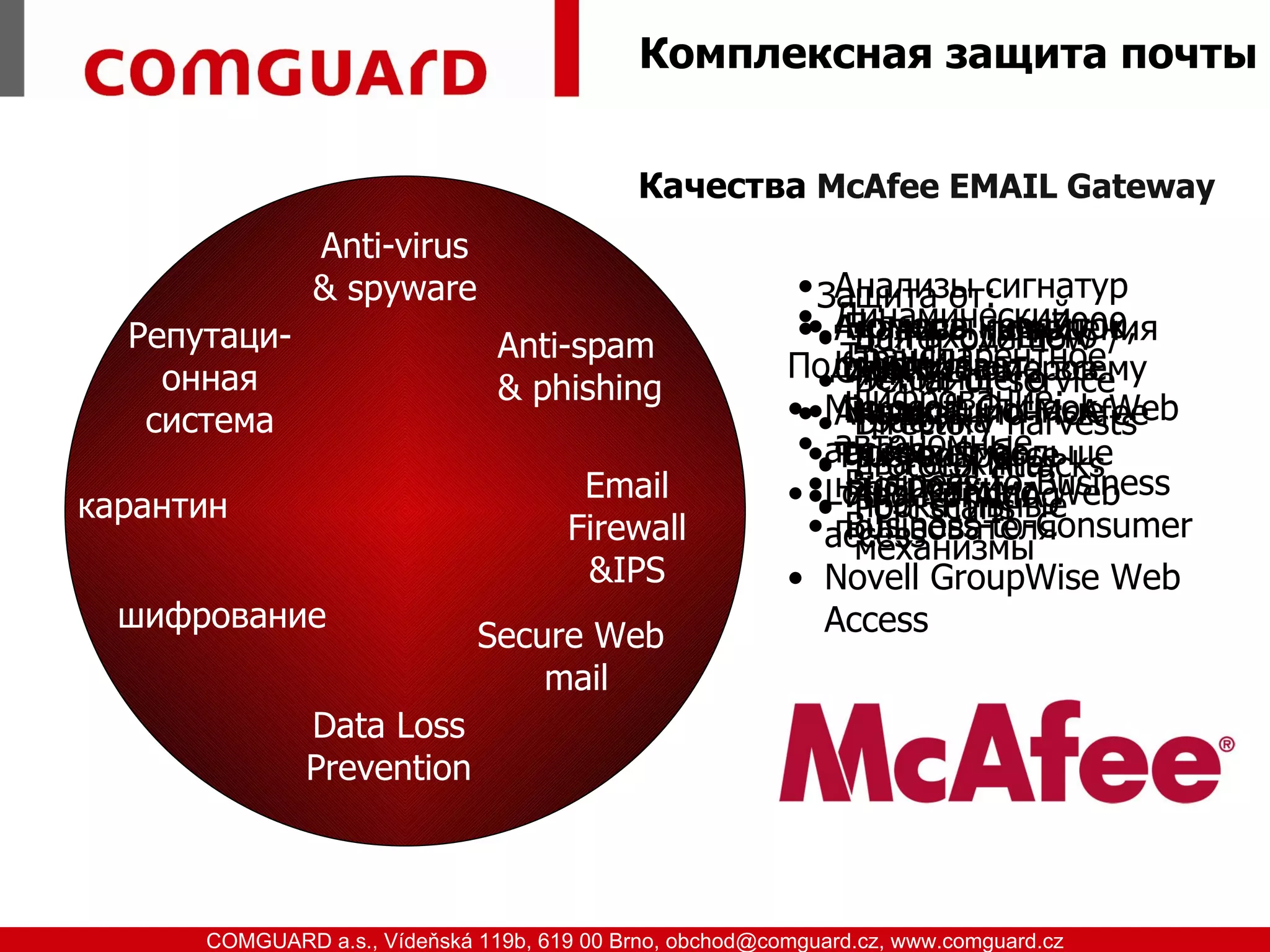 Комплексная защита почты


                                                  Качества McAfee EMAIL Gateway
                       Anti-virus
                       & spyware                               • Защита от:
                                                                   Анализы сигнатур
                                                               •• Динамический
                                                               • • Анализы кредиток,
                                                                    Больше поведения
                                                                    Номера чем 7000
        Репутаци-                     Anti-spam                      для входящего
                                                                     Buffer overflow /
                                                                   Транспарентное
                                                                   каранин по всему
                                                              Поддерживает:
          онная                       & phishing                 • СМАМА номеров
                                                                    сенсоров
                                                                    идент.
                                                                     исходящего
                                                                     Denial-of-service
                                                                    шифрование: Web
                                                              •••• Анализы Outlook
                                                                 Microsoft по McAfee
                                                                    миру
                                                                    Валидационные
         система                                                     трафика
                                                                     Directory harvests
                                                               ••access
                                                                   автономные
                                                                    поймает больше
                                                                    алгоритма
                                                                 • TrustedSource
                                                                     два енжина
                                                                     Protocol Attacks
                                             Email              •Lotus Domino Web
                                                                    Business-to-Business
                                                                   настройки
                                                              • •• Fingerprinting
                                                                    70% СПАМА
    карантин                                                         прокативные
                                                                     Port scans
                                            Firewall            •access
                                                                    Business-to-Consumer
                                                                   пользователя
                                                                     механизмы
                                             &IPS             • Novell GroupWise Web
        шифрование                                               Access
                                     Secure Web
                                         mail
                       Data Loss
                       Prevention



www.comguard.cz                                                             communication security
           COMGUARD a.s., Vídeňská 119b, 619 00 Brno, obchod@comguard.cz, www.comguard.cz
 