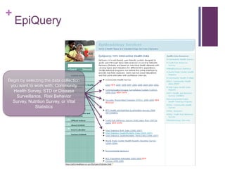 +
    EpiQuery




Begin by selecting the data collection
 you want to work with: Community
  Health Survey, STD or Disease
    Surveillance, Risk Behavior
  Survey, Nutrition Survey, or Vital
              Statistics
 