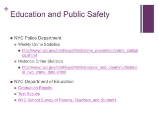 +
    Education and Public Safety

       NYC Police Department
           Weekly Crime Statistics
               http://www.nyc.gov/html/nypd/html/crime_prevention/crime_statisti
                cs.shtml
           Historical Crime Statistics
               http://www.nyc.gov/html/nypd/html/analysis_and_planning/historic
                al_nyc_crime_data.shtml

       NYC Department of Education
           Graduation Results
           Test Results
           NYC School Survey of Parents, Teachers, and Students
 