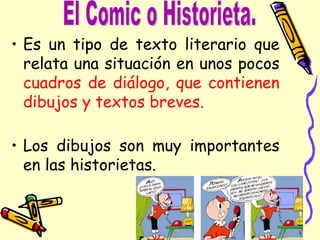 Es un tipo de texto literario que relata una situación en unos pocos  cuadros de diálogo, que contienen dibujos y textos breves. El Comic o Historieta. Los dibujos son muy importantes en las historietas. 